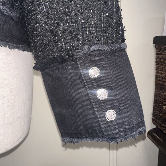 NWT Nanette Lepore Black Sequined Boucle’ Frayed Denim Trim Jacket Tweed Blazer - Picture 9 of 12